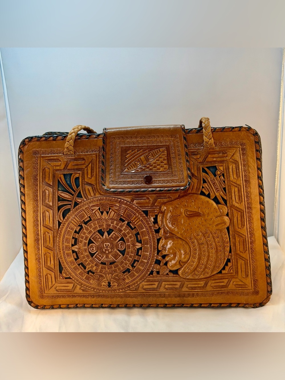 Handtooled Leather Tote with Aztec Medallion - Tan
